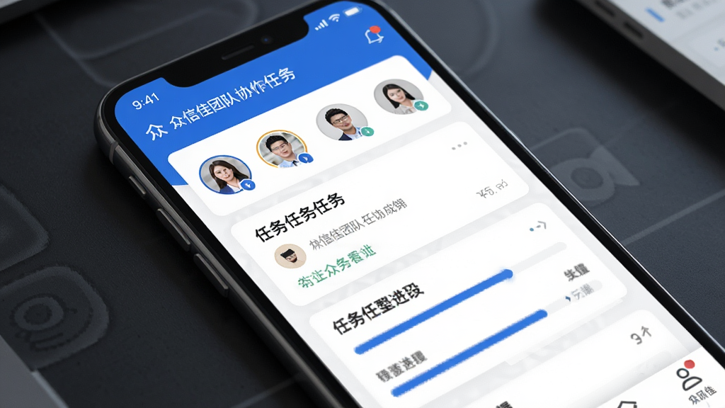 众信佳团队协作功能界面,画面展示手机屏幕内众信佳APP的团队任务看板,包含成员头像、任务卡片、进度条等元素,风格现代商务,蓝白配色,排版清晰,画质干净,无多余元素