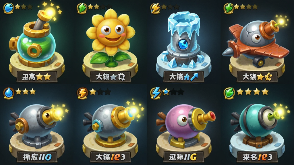 保卫萝卜3炮塔家族大集合,画面中整齐排列着十几种不同造型的炮塔角色,包括瓶子炮、太阳花、冰冻塔、飞机塔等,每个炮塔都有独立的展示台和名称标签,布局采用网格状排版,风格为Q版卡通渲染,细节包括炮塔发光特效、等级星星、属性图标,画质高清干净无多余元素