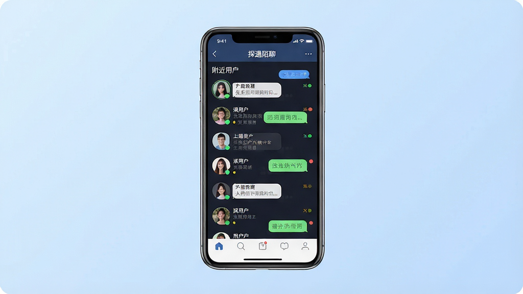 一张展示社交聊天软件界面的手机效果图,画面中央是一部竖屏智能手机,屏幕中显示“探遇陌聊”应用的主界面,包含附近用户头像列表、底部导航栏和消息气泡元素,整体布局为居中构图,背景为柔和的浅蓝渐变,风格现代简洁,细节上体现聊天列表与在线状态标识,画质清晰干净,无多余装饰元素