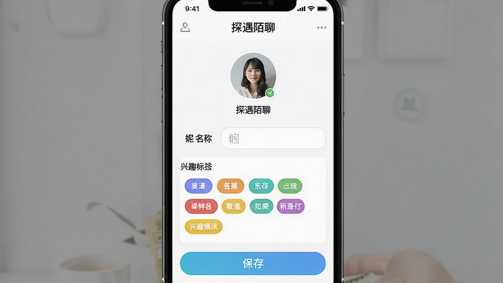 一张展示“探遇陌聊”个人资料编辑页面的手机界面图,画面中一部手机居中放置,屏幕内显示头像上传区域、昵称输入框、兴趣标签选择面板,布局规整,风格简约现代,细节上体现多个彩色标签按钮与保存操作,画质清晰干净,无多余元素