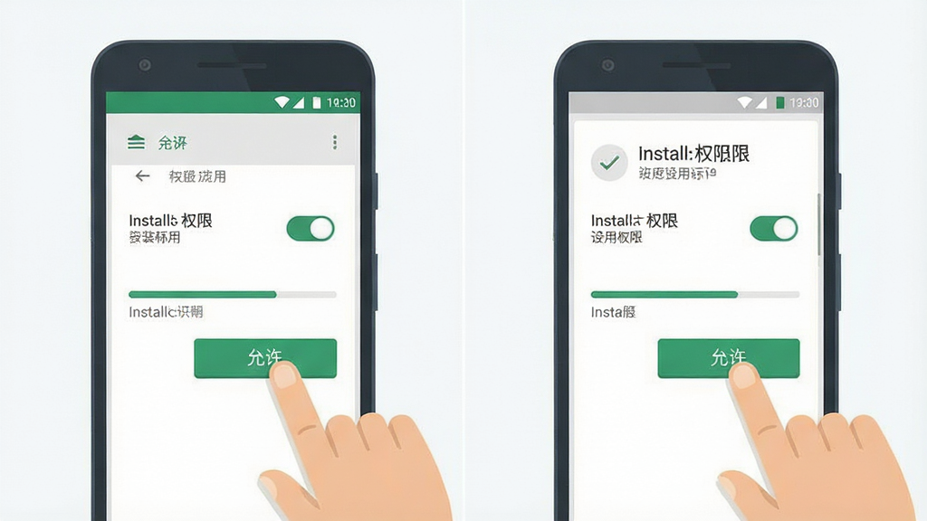 一张展示安卓手机安装应用过程的示意图,画面中一部手机屏幕显示安装权限设置界面,旁边有手指点击“允许”按钮的动作示意,布局为左右分栏,风格扁平化插画,细节上体现权限开关与安装进度条,画质清晰,干净整洁,无多余文字堆砌