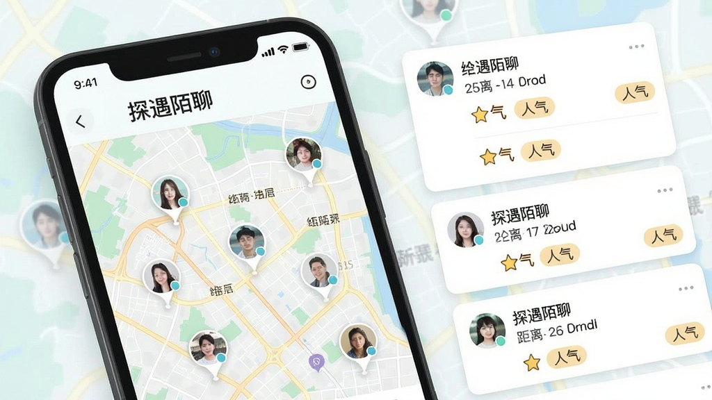 一张以城市地图为背景的手机应用截图风格图片,画面主体是“探遇陌聊”的附近动态页面,地图上分布着多个用户头像标记点,右侧为动态卡片列表,排版清晰,风格清新淡雅,细节上体现距离数值与人气标签,画质干净明亮,整体无杂乱元素