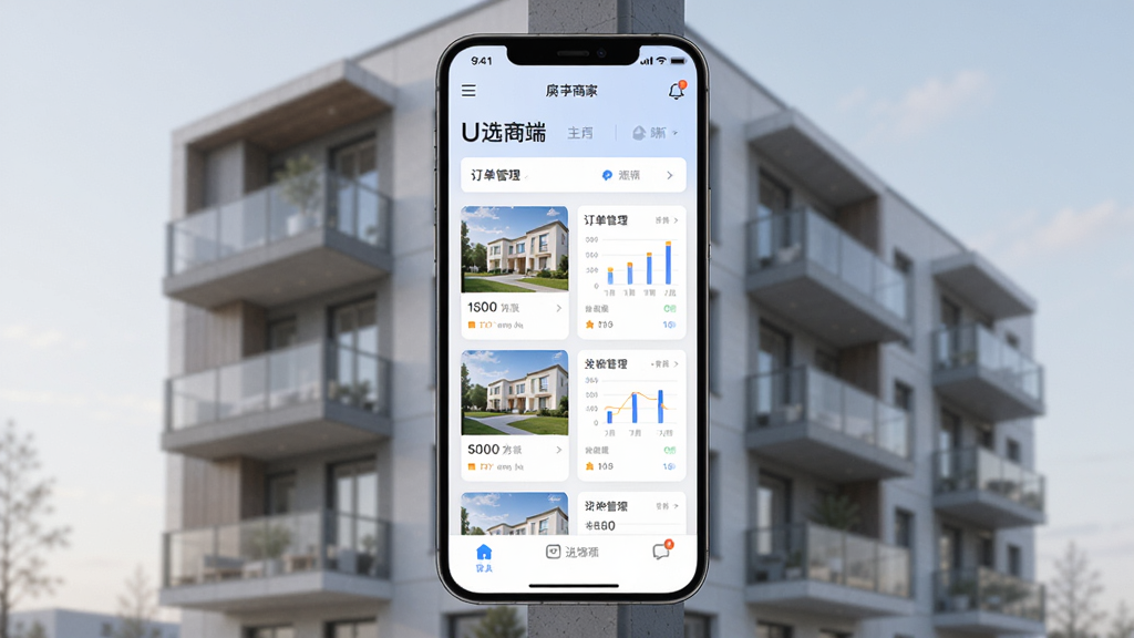 手机屏幕中显示公寓U选商家端应用主界面,背景为现代公寓楼外观,界面展示房源列表与订单管理卡片,整体布局简洁清晰,手机居中放置于柔和光影中,风格为扁平化科技感,细节包括房源缩略图、数据统计图表和消息提示图标,画质高清干净,无多余元素