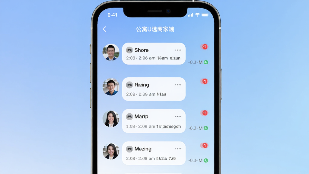 公寓U选商家端消息中心界面,手机屏幕显示多条租客咨询对话列表,每条对话带有租客头像、房源名称与未读红点提示,背景为柔和渐变蓝色,风格现代商务,细节包括消息气泡、时间戳与已读状态标识,画质高清干净,无多余元素