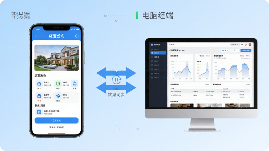 公寓U选商家端操作流程图,画面分为手机端与电脑端两个区域,中间用双向箭头连接表示数据同步,手机端展示房源发布界面,电脑端展示数据报表界面,背景为浅蓝色渐变,风格信息图表,细节包括操作步骤编号与图标标注,画质高清干净,无多余元素
