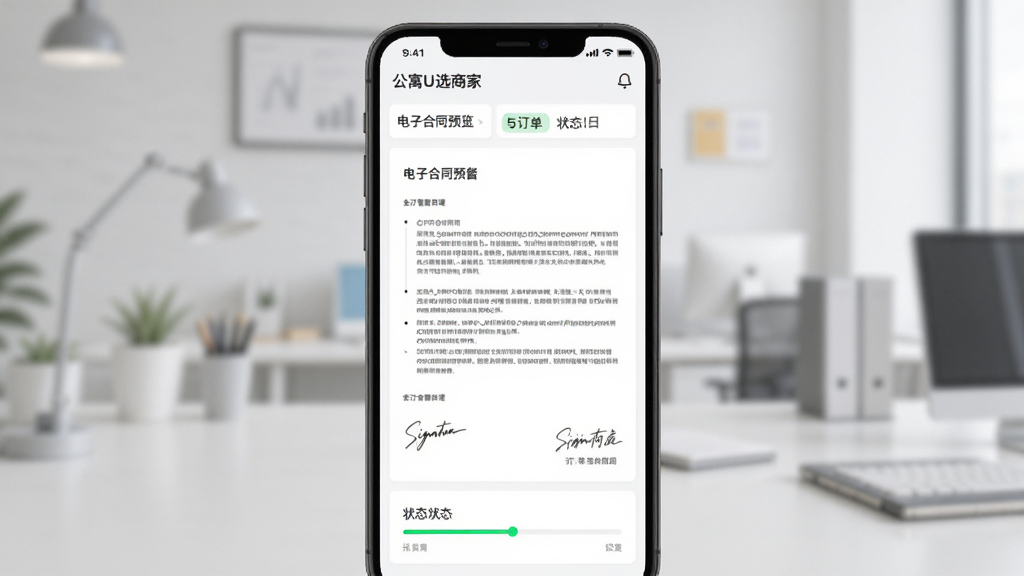 公寓U选商家端订单管理页面,手机屏幕展示电子合同预览与订单状态标签,背景为浅灰色办公环境,风格简洁专业,细节包括合同文本、签名区域与状态进度条,画质清晰干净,无多余元素