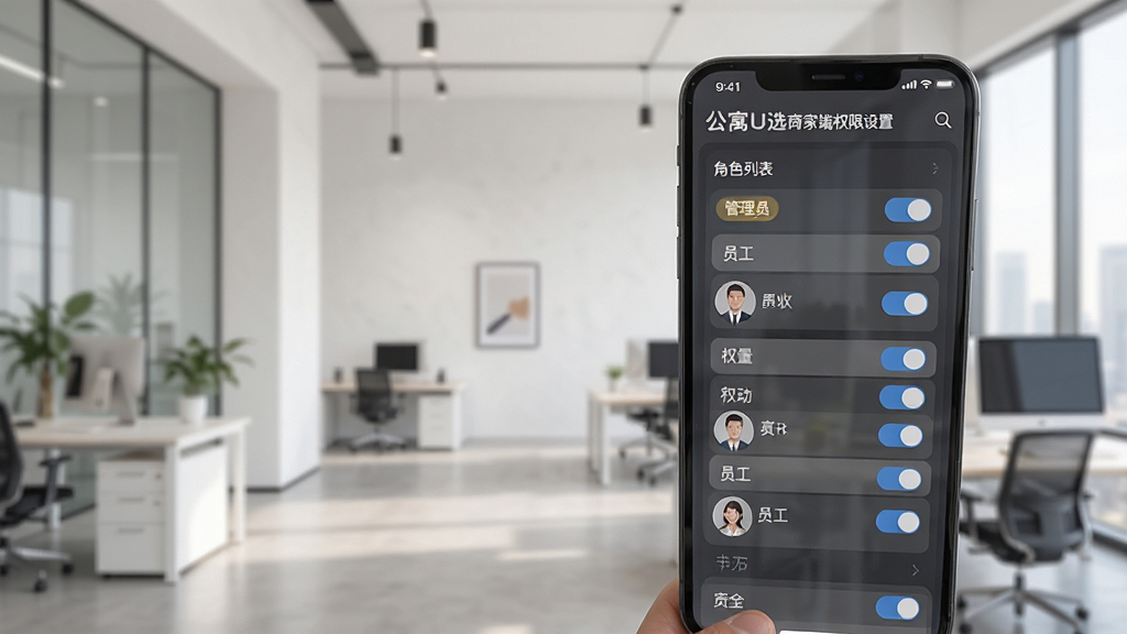 公寓U选商家端权限设置界面,手机屏幕展示角色列表与权限开关选项,背景为现代办公场景,风格简洁明快,细节包括管理员标签、员工头像与权限勾选框,画质清晰干净,无多余元素