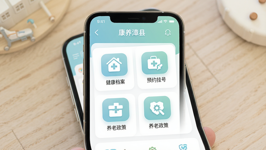 一幅展示康养漳县手机应用界面的场景图,主体为一部智能手机,屏幕显示“康养漳县”APP首页,包含健康档案、预约挂号、养老政策等图标,布局清晰,排版整齐,风格为现代简约医疗健康风,细节包括柔和的蓝绿色调、圆润的图标设计、清晰的文字标签,画质高清,干净无多余元素