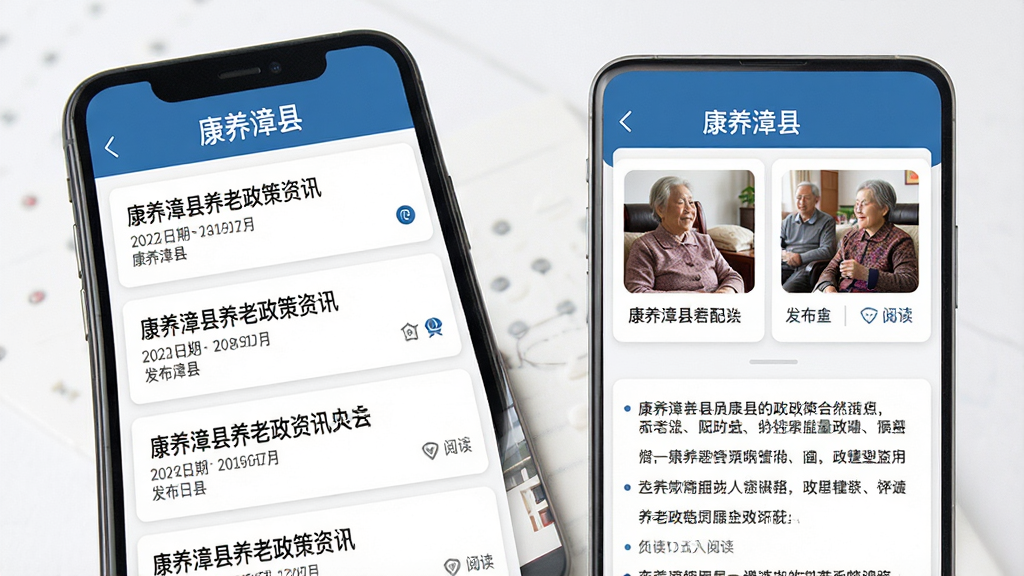 一幅展示康养漳县养老政策资讯页面的界面图,主体为手机屏幕,屏幕中显示政策列表与详情页,布局为列表加卡片式,排版整齐,风格为官方资讯风,细节包括政策标题、发布日期、阅读图标,画质高清,干净无多余元素,图片中文字“康养漳县”