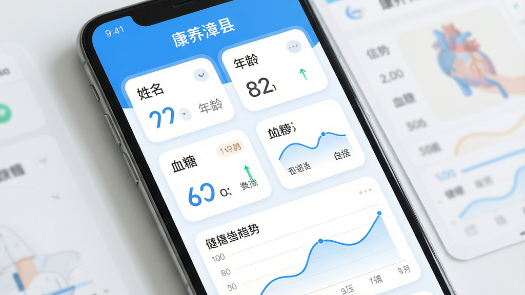 一幅展示康养漳县健康档案管理功能的界面图,主体为手机屏幕,屏幕中显示个人健康档案页面,包含姓名、年龄、血压、血糖等数据图表,布局分为信息卡片与趋势图,排版简洁,风格为清新医疗风,细节包括蓝色数据曲线、白色背景、圆角卡片,画质高清,干净无多余元素,图片中文字“康养漳县”
