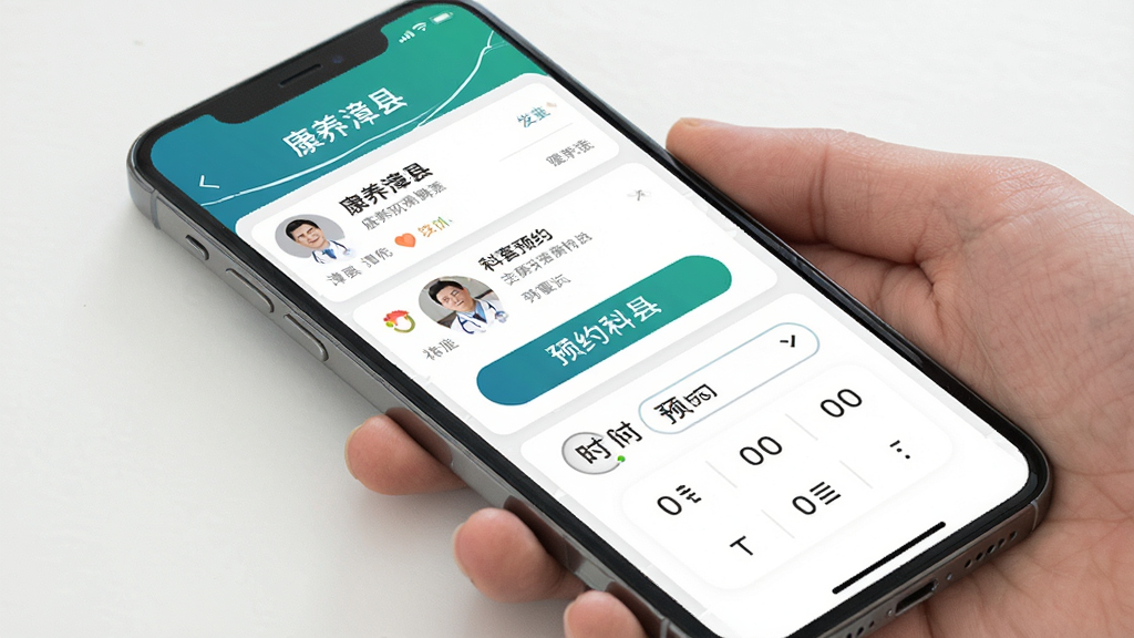 一幅展示康养漳县预约挂号功能的界面图,主体为手机屏幕,屏幕中显示医院列表与科室选择页面,布局为上下结构,排版清晰,风格为便捷医疗风,细节包括医生头像、预约按钮、时间选择器,画质高清,干净无多余元素,图片中文字“康养漳县”