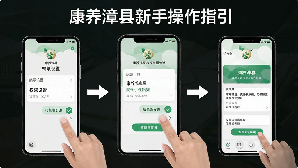 一幅展示康养漳县新手操作指引的示意图,主体为手机屏幕与手指点击动作,屏幕中显示权限设置与安装界面,布局为分步图示,排版清晰,风格为教程指引风,细节包括勾选按钮、提示文字、箭头指示,画质高清,干净无多余元素,图片中文字“康养漳县”