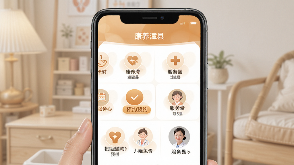 一幅展示康养漳县生活照护服务功能的界面图,主体为手机屏幕,屏幕中显示服务分类与预约页面,布局为网格状图标排列,排版规整,风格为温馨服务风,细节包括护理图标、预约按钮、服务人员头像,画质高清,干净无多余元素,图片中文字“康养漳县”