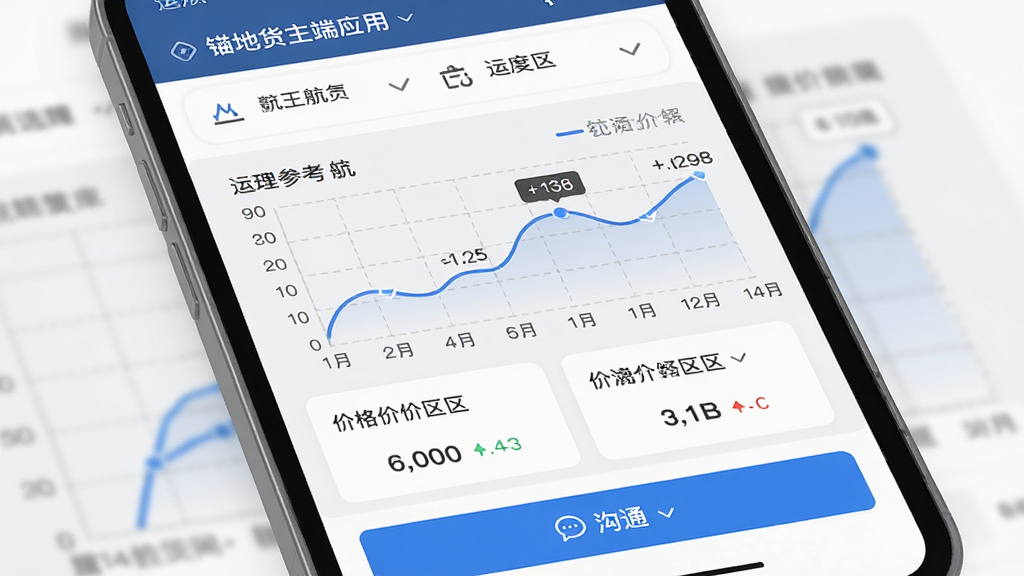 锚地货主端应用内的运价参考页面,画面主体为手机屏幕特写,布局采用上下结构,上方为航线选择器,中部为折线图与价格区间卡片,下方为沟通按钮,排版简洁,风格为扁平化数据可视化风格,细节包括蓝色折线、灰色网格背景、清晰数字标注,画质高清,画面干净,无多余元素。