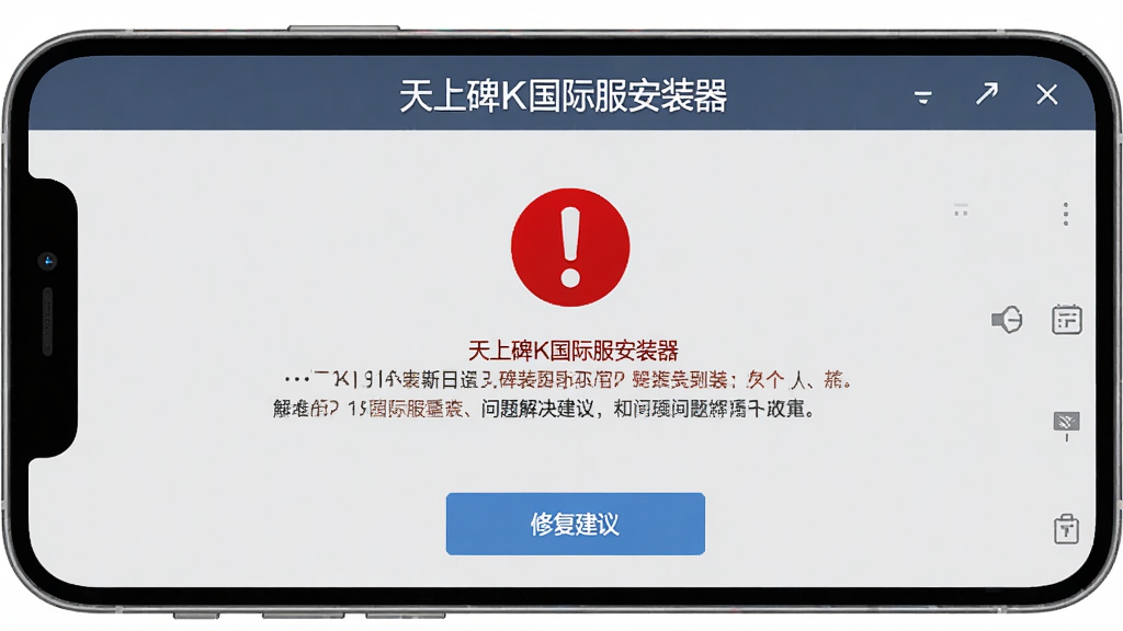 天上碑K国际服安装器错误诊断界面,手机屏幕显示安装日志列表和问题解决建议,界面顶部有天上碑K国际服安装器标题,中央有红色感叹号图标和文字说明,下方有修复建议按钮,背景为浅灰色,风格为工具类应用界面,细节清晰,画质高清,干净,无多余元素