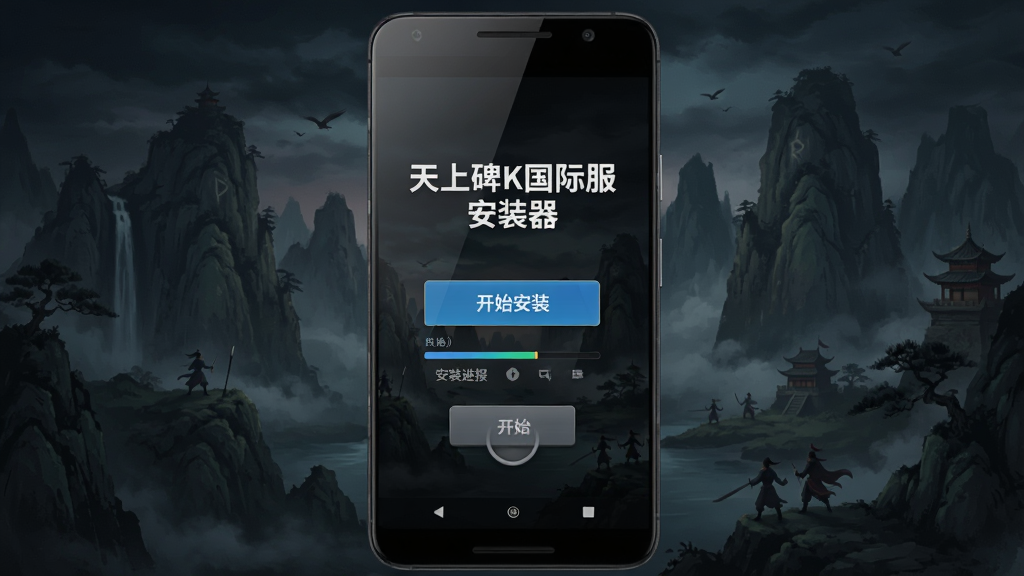 一张展示天上碑K国际服安装器界面的手机应用截图,主体是一部竖屏安卓手机,屏幕中央显示天上碑K国际服安装器的启动页面,页面顶部有天上碑K国际服安装器的中文名称,下方有醒目的开始安装按钮和安装进度条,背景是深色奇幻风格的武侠山水场景,布局简洁清晰,风格为现代移动应用UI设计,细节包含手机边框、屏幕反光和按钮的按压质感,画质高清,干净,无多余元素