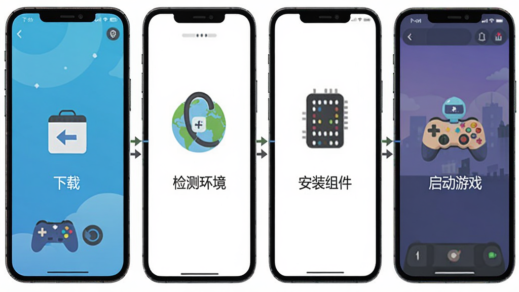 天上碑K国际服安装器新手操作流程图,手机屏幕显示从下载安装器到完成游戏部署的步骤分解图,包含下载、检测环境、安装组件、启动游戏四个环节,每个环节有图标和简短文字说明,背景为白色,风格为扁平化信息图,细节清晰,画质高清,干净,无多余元素