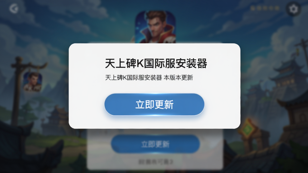 天上碑K国际服安装器版本更新提示弹窗,手机屏幕中央显示新版本可用提示,弹窗内有天上碑K国际服安装器名称和立即更新按钮,背景是模糊的游戏登录界面,风格为现代移动应用弹窗设计,细节包含弹窗阴影和按钮高光,画质高清,干净,无多余元素