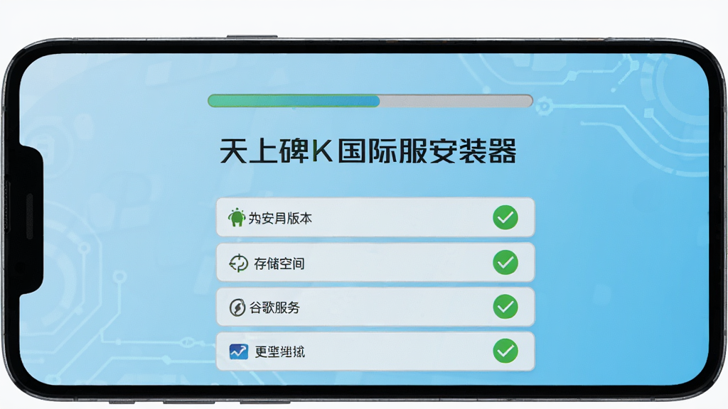 天上碑K国际服安装器主界面,一部安卓手机屏幕显示环境检测进度,界面中央有天上碑K国际服安装器字样,下方列出安卓版本、存储空间、谷歌服务等检测项目,每项旁边有绿色对勾图标,背景为淡蓝色科技感渐变,风格简洁明快,细节清晰,画质高清,干净,无多余元素