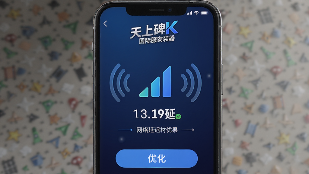 天上碑K国际服安装器网络优化界面,手机屏幕显示网络延迟检测结果和优化建议,界面上方有天上碑K国际服安装器标志,中央有网络信号图标和延迟数值,下方有优化按钮,背景为深蓝色渐变,风格为科技感移动应用界面,细节包含信号波纹和数值显示,画质高清,干净,无多余元素