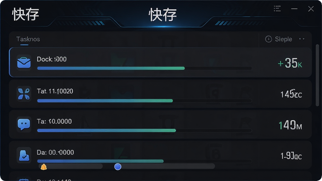 快存软件下载管理界面,显示多个下载任务列表,每个任务有进度条和速度数值,顶部有