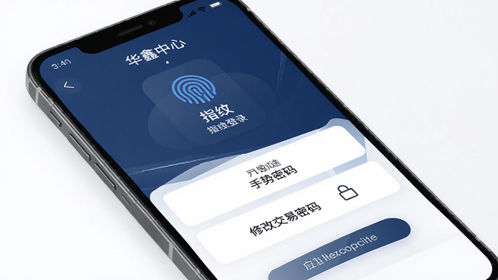 华鑫星途应用安全设置页面示意图,手机屏幕展示安全中心界面,包含指纹登录、手势密码、修改交易密码等选项,界面风格沉稳,配色以深蓝和白色为主,细节清晰,画质干净,无多余元素
