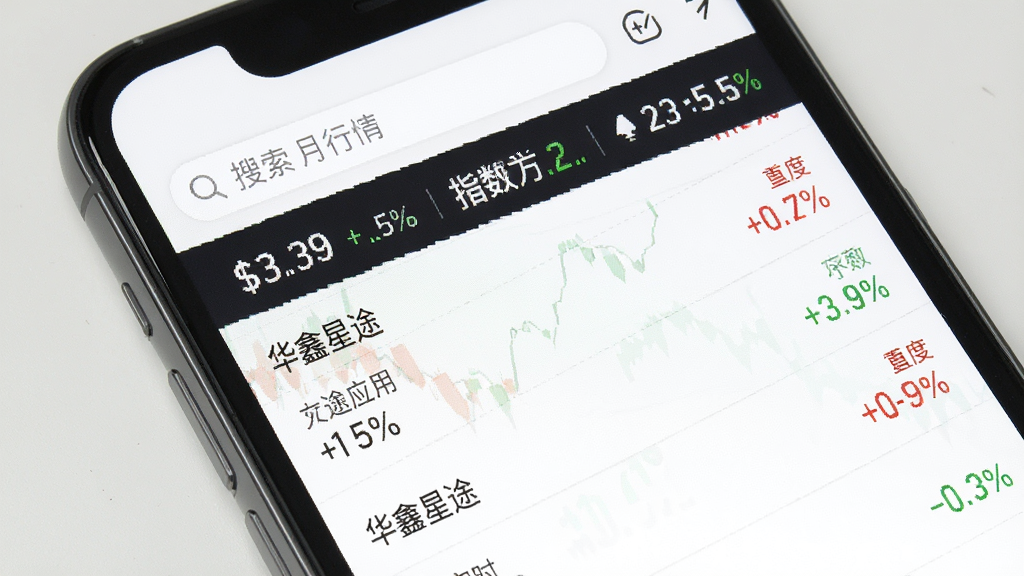 华鑫星途应用行情页面截图风格展示,手机屏幕显示多只股票实时行情列表,红绿涨跌数字清晰可见,顶部有搜索框和指数概览条,界面排版整洁,背景为纯白色,风格简洁专业,画质干净,无多余元素
