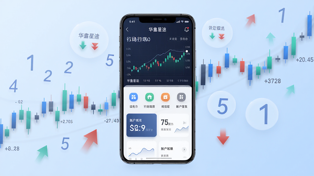 华鑫星途手机应用主界面展示,画面中央放置一部智能手机,屏幕显示华鑫星途应用首页,包含行情走势图、功能图标和账户概览卡片,背景为简洁的浅蓝色渐变,周围环绕金融数据元素如K线图、涨跌箭头和数字符号,整体风格现代商务,细节清晰,画质干净,无多余元素