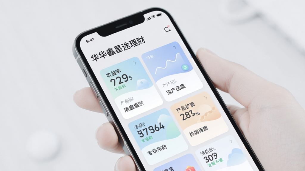 华鑫星途理财页面展示,手机屏幕呈现多种理财产品卡片列表,包含收益率数字和产品名称,界面配色柔和,背景为浅灰色,风格简约清新,画质干净,无多余元素