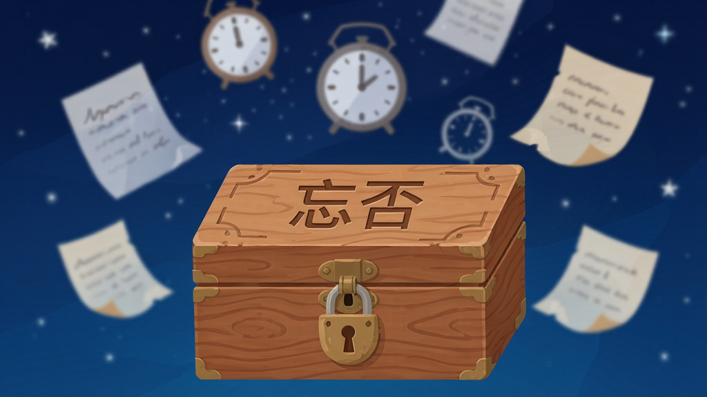 一张表现“忘否”记忆封存功能的插画,画面主体是一个带有复古锁扣的精致木盒,木盒表面刻有“忘否”二字,盒子周围漂浮着几张半透明的便签纸和时钟图标,背景是深蓝色的星空,布局上木盒位于画面中央偏下,上方是时钟和便签纸的虚影,风格为扁平化插画,细节上木盒有木纹质感,便签纸边缘微微卷起,画质清晰,干净无杂乱元素。