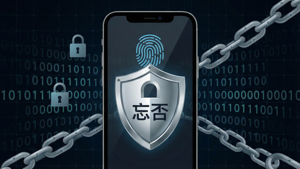 一张表现“忘否”隐私保护功能的示意图,画面中央是一个智能手机,屏幕上显示着指纹识别图标和一个盾牌形状的安全锁,盾牌上写着“忘否”二字,手机周围环绕着二进制代码和锁链元素,背景为深色科技感网格,布局上手机居中,盾牌位于屏幕中央,风格为科技扁平风,细节上盾牌有金属光泽,代码数字清晰可见,画质锐利,干净利落,无多余装饰。
