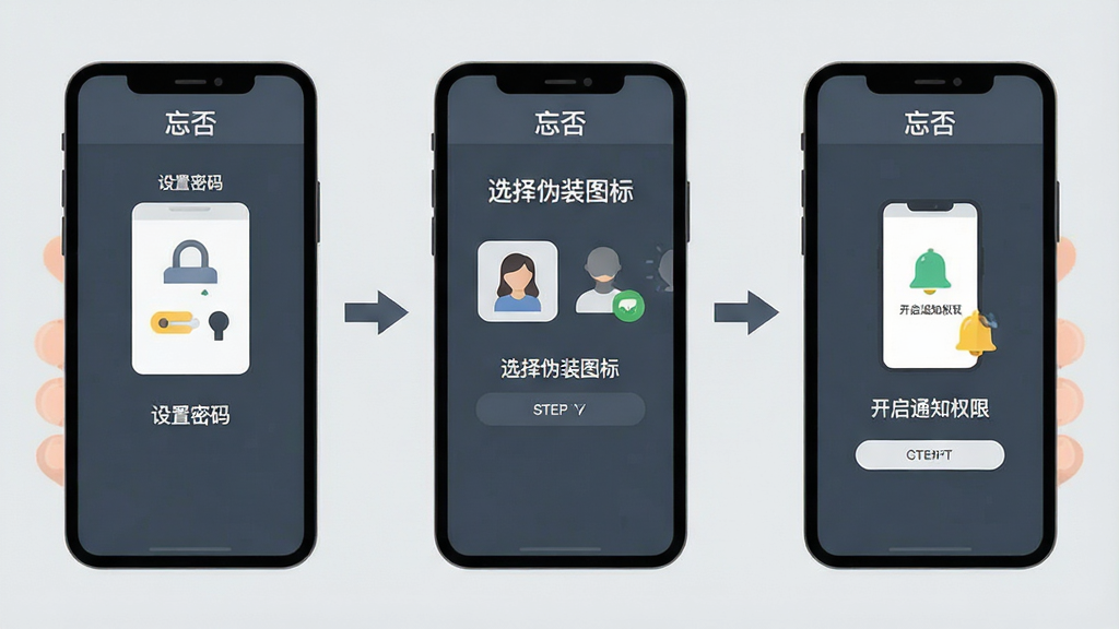 一张展示“忘否”新手设置流程的示意图,画面分为三个并排的手机屏幕,从左到右分别显示“设置密码”、“选择伪装图标”、“开启通知权限”三个步骤,每个屏幕上方有“忘否”小标题,背景为浅灰色,手机之间有箭头连接,布局上三台手机等距排列,风格为扁平化教程图,细节上每个步骤有简洁的图标和文字说明,画质清晰,干净无多余装饰。