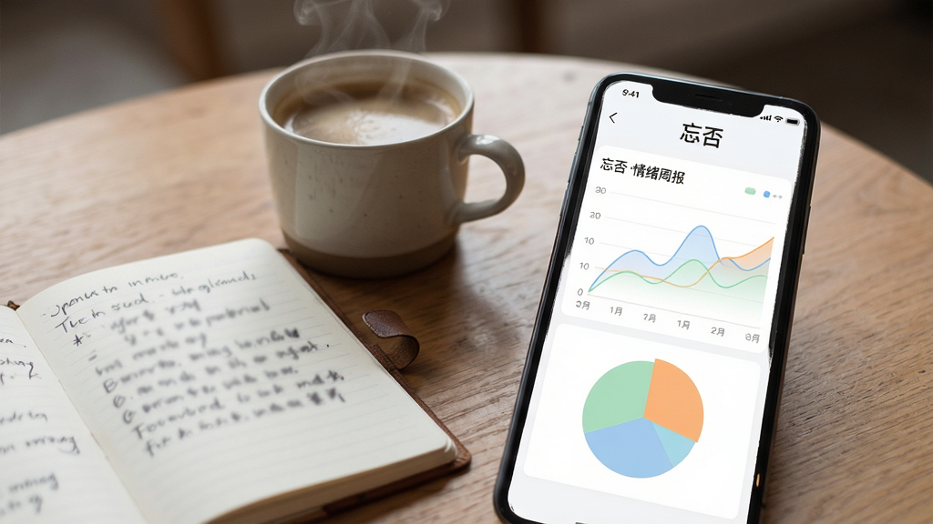 一张展示“忘否”情绪统计页面的手机截图风格图片,画面中手机屏幕显示着彩色折线图和饼状图,图表标题为“忘否情绪周报”,屏幕背景为白色,图表颜色以柔和的蓝、绿、橙为主,手机放置在木质桌面上,旁边有一杯冒热气的咖啡和一本翻开的笔记本,布局上手机位于画面右侧三分之一处,风格为写实生活风,细节上咖啡杯有蒸汽缭绕,笔记本上有模糊的手写字迹,画质高清,光线柔和,无多余杂物。