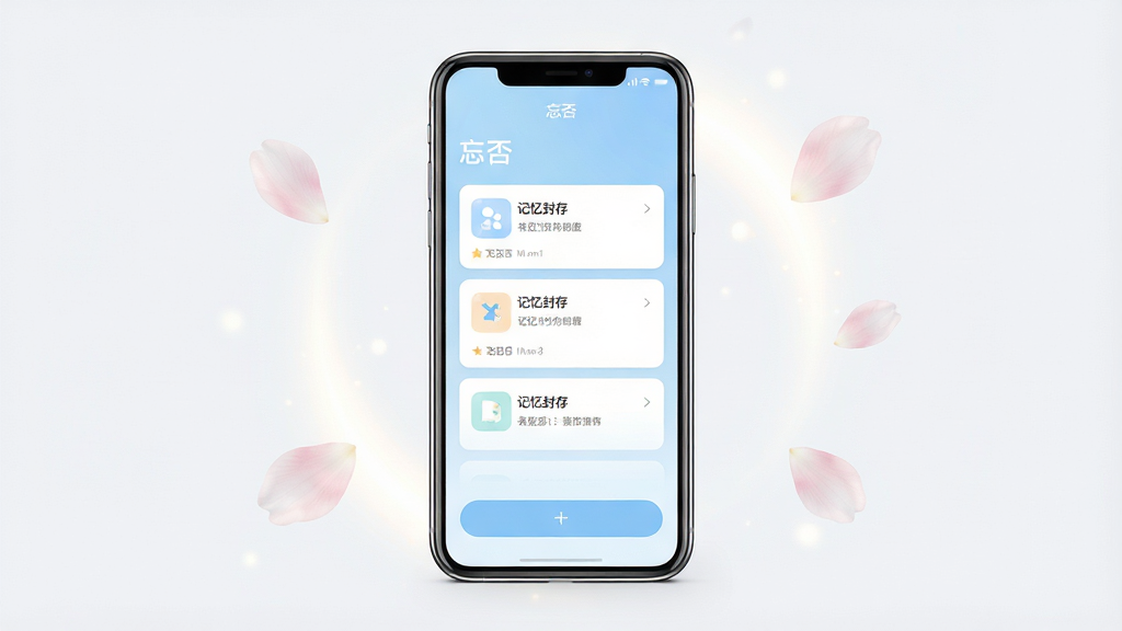 一张展示“忘否”软件核心界面的手机样机图,画面中央是一部现代智能手机,屏幕上显示着忘否APP的主页,主页背景为柔和的淡蓝色渐变,顶部有“忘否”字样,中间是卡片式的记忆封存列表,底部有添加按钮。手机周围散落着几片飘落的半透明花瓣和柔和的光晕,整体布局居中对称,风格清新治愈,细节上手机边框有轻微反光,背景为纯净的浅灰白色,画质清晰干净,无多余元素。