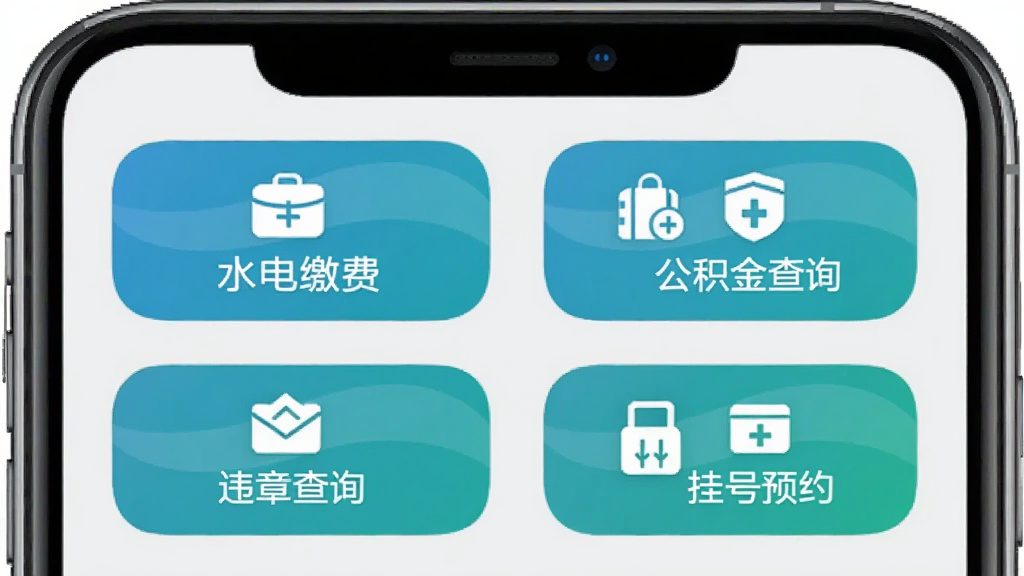 活力翁牛特便民服务功能展示,手机界面显示水电缴费、社保查询、公积金查询、违章查询、挂号预约等功能图标,图标排列整齐,采用圆角矩形设计,蓝绿色调,背景为浅灰色,整体风格简洁清新,画质清晰,干净整洁