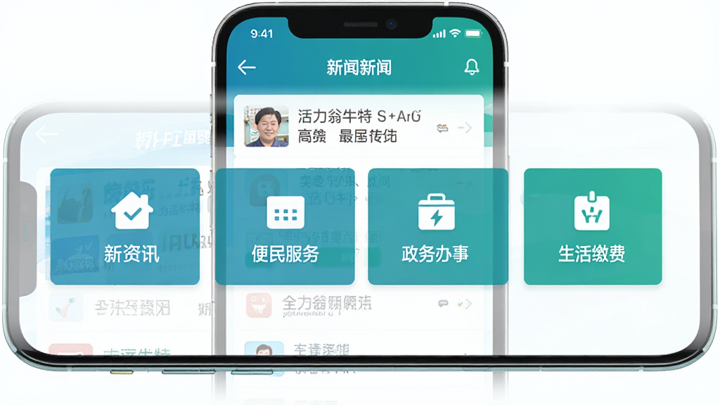 活力翁牛特手机应用界面展示,主页面包含新闻资讯、便民服务、政务办事、生活缴费等模块入口,布局清晰整洁,采用蓝绿色调,扁平化设计风格,手机屏幕居中展示,背景为纯白色,细节精致,画质清晰,干净无多余元素