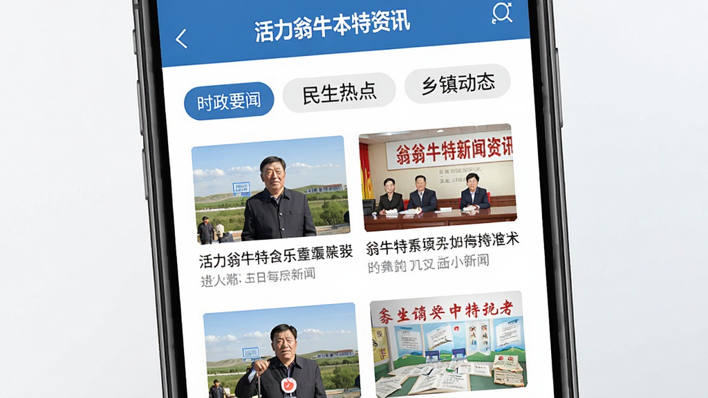 活力翁牛特新闻资讯页面展示,手机屏幕中显示翁牛特本地新闻列表,包含时政要闻、民生热点、乡镇动态等分类标签,界面采用蓝白配色,新闻配图清晰,排版整齐,扁平化设计,背景干净,画质高清,无多余元素