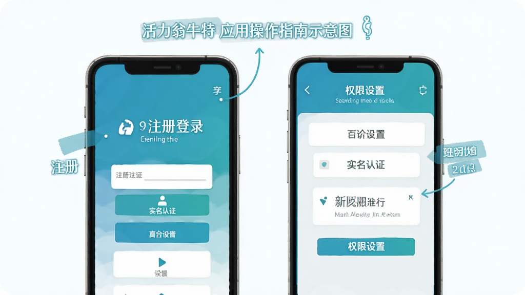 活力翁牛特应用操作指南示意图,手机屏幕展示注册登录、实名认证、权限设置等步骤界面,配以简洁的文字标注,蓝绿色调,扁平化设计风格,布局清晰,画质高清,背景干净无多余元素