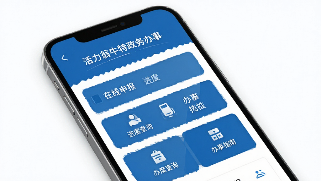活力翁牛特政务办事页面展示,手机屏幕显示在线申报、进度查询、办事指南等功能模块,界面简洁商务风格,蓝色主色调,信息层级分明,排版规范,背景白色,画质高清,干净无多余装饰