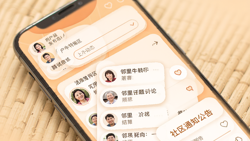 活力翁牛特社区互动页面展示,手机界面显示用户动态发布框、邻里话题讨论列表、社区通知公告等模块,暖色调设计,圆润卡片式布局,人物头像和文字内容清晰可见,风格亲切温暖,画质清晰,排版干净整洁