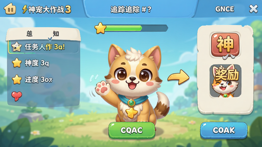 神宠大作战3新手引导界面,画面中一只可爱的宠物正在向玩家挥手,旁边有箭头指示点击操作,布局为竖屏手机界面,排版上突出任务追踪栏与奖励图标,风格为清新卡通UI,细节包含文字提示框、进度条、按钮高亮,画质清晰、干净、无多余元素