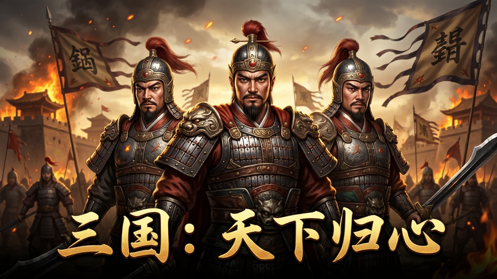一张以三国乱世为背景的手机游戏宣传图,画面中央是三位身着铠甲的三国名将并肩而立,背景是燃烧的城池与飘扬的旌旗,画面下方用金色大字写着“三国:天下归心”,整体布局采用竖版手机屏幕比例,风格为写实国风CG,细节包括铠甲纹理、火焰粒子与战旗褶皱,画质高清,干净,无多余元素