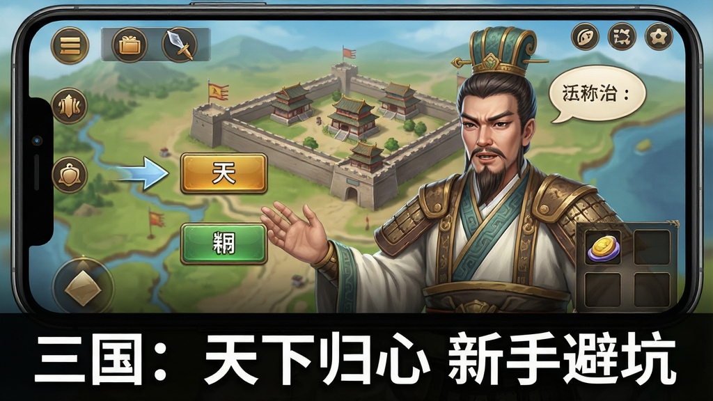 一张展示手机游戏新手引导界面的图片,画面中一位古代军师模样的人物正在向玩家讲解操作,屏幕上有箭头指向任务按钮与资源栏,背景是简化的城池地图,图片下方用白色字体写着“三国:天下归心 新手避坑”,布局为竖版手机截图风格,细节包括UI图标与文字气泡,画质高清,干净,无多余元素