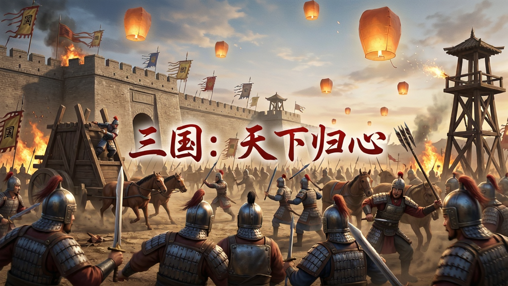 一张展现三国:天下归心国战场景的图片,画面中数百名士兵在城墙下激烈交战,攻城车与箭塔同时运作,天空中有孔明灯升起,画面中央用红色字体写着“三国:天下归心”,布局为横版全景,风格为史诗战争CG,细节包括士兵盔甲反光、尘土飞扬与火焰特效,画质高清,干净,无多余元素