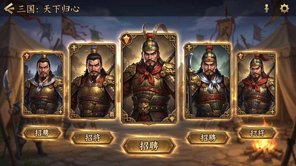 一张展示三国:天下归心游戏内武将招募界面的图片,画面主体是五位三国名将的卡牌立绘悬浮在空中,卡牌下方有招募按钮与光效,背景是古代军营帐篷与篝火,布局为竖版手机界面,风格为精致国风卡牌美术,细节包括卡牌边框纹饰、武将表情与服饰纹理,画质高清,干净,无多余元素