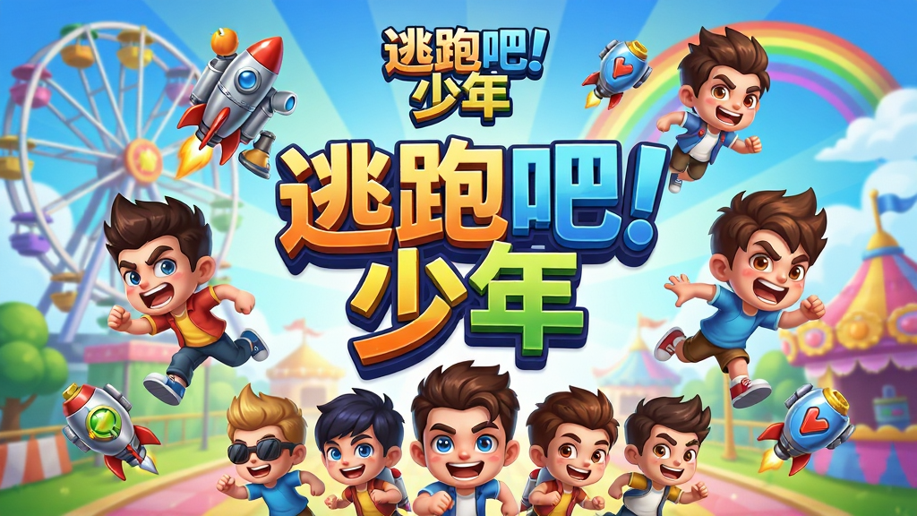 整体画面为一张手机游戏宣传海报,主体是一群卡通风格的少年角色在色彩鲜艳的游乐园场景中奔跑追逐,画面中央突出显示游戏名称“逃跑吧!少年”的立体艺术字。布局采用中心放射状构图,角色围绕标题分布。排版上方为游戏Logo,下方为角色群像。风格为Q版卡通渲染,色彩明快饱和。细节包括角色表情夸张生动、道具如火箭背包和变身道具漂浮周围、背景有摩天轮和彩虹。画质高清,画面干净,无多余元素。