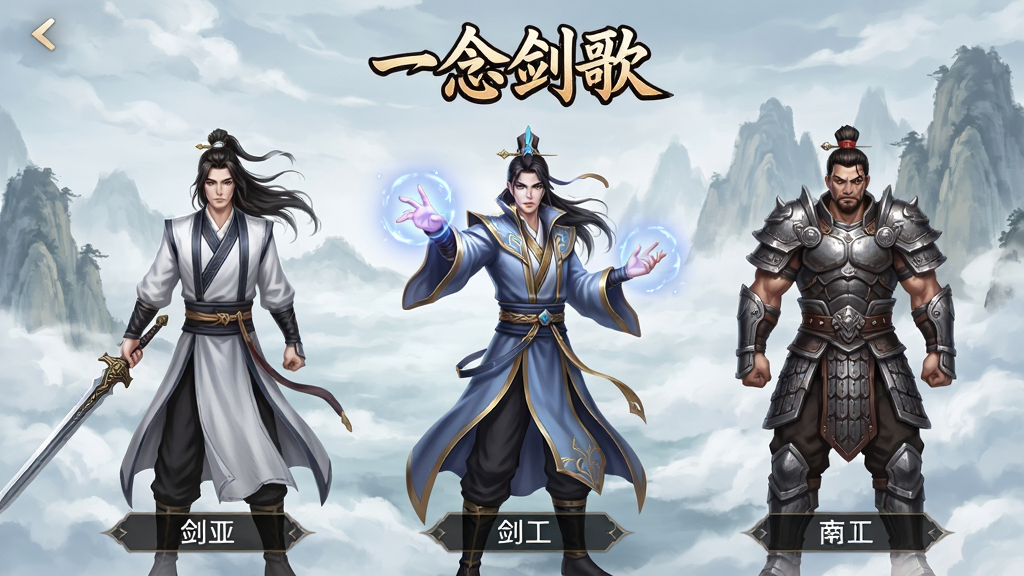 一幅游戏界面截图风格的概念图,画面主体为三位不同职业的仙侠角色并排站立,左侧为持剑剑修、中间为施法法修、右侧为铁甲体修,布局为横向排列,排版为游戏角色选择界面样式,风格为唯美古风游戏UI,细节包括角色脚下有职业名称标签、背景为飘渺云海与远山,画质为高清、干净、无多余元素,画面顶部居中写有“一念剑歌”游戏Logo