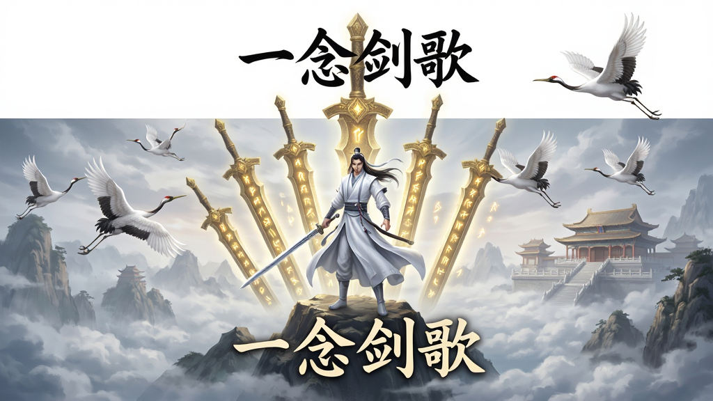 一幅仙侠风格的游戏宣传图,画面主体为一位身穿白衣的剑客站在云雾缭绕的山巅,背后是巨大的金色剑阵与飞舞的仙鹤,布局采用居中构图,上半部分留白用于放置游戏名称,排版为竖版海报风格,风格为唯美东方玄幻CG,细节包括剑客衣袂飘飘、剑阵符文闪烁、远处宫殿隐约可见,画质为4K高清、干净、无多余元素,画面中下方居中写有“一念剑歌”四个大字