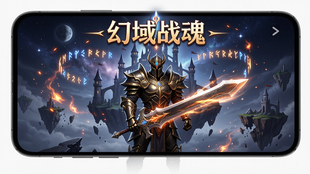 画面中央展示一款名为“幻域战魂”的魔幻风格手机游戏主界面,主体为一位身穿暗金铠甲的战士手持发光大剑站立于悬浮城堡前,布局采用中心对称构图,上方用发光字体写着“幻域战魂”,周围环绕着飘浮的魔法符文与火焰粒子特效,风格为暗黑魔幻3D渲染,细节上铠甲纹理清晰、剑身有流光、背景有星空与破碎的浮空岛,画质4K超清,画面干净,无多余元素