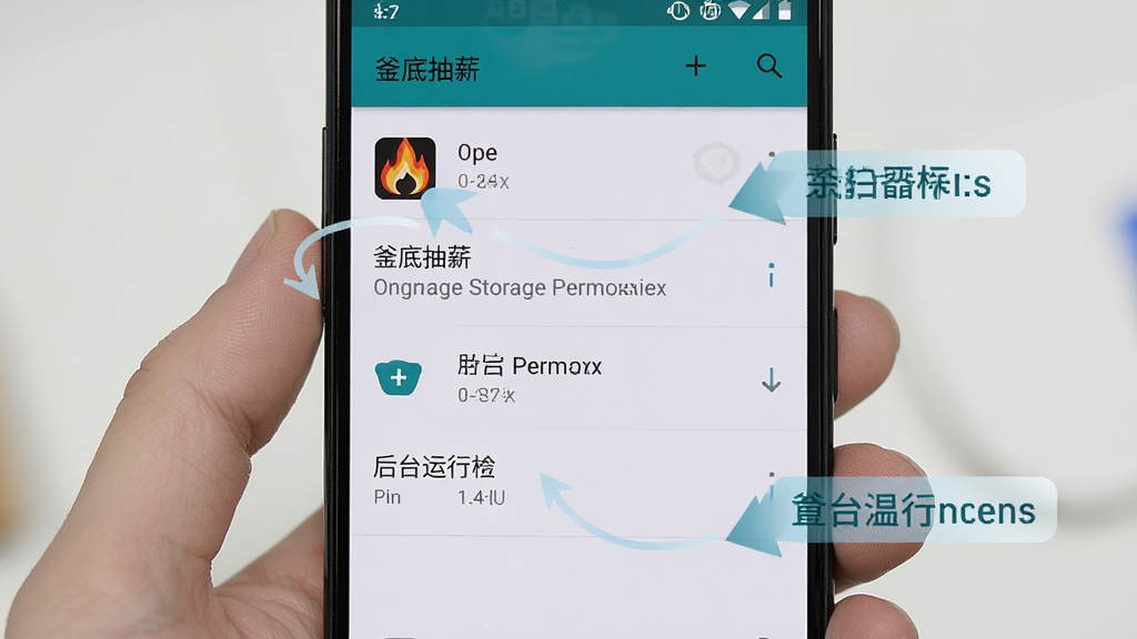 一张展示安卓手机设置界面的图片,画面中用户正在为“釜底抽薪”应用开启存储权限和后台运行权限,界面清晰,步骤标注明显,风格简洁,画质高清,干净无多余元素
